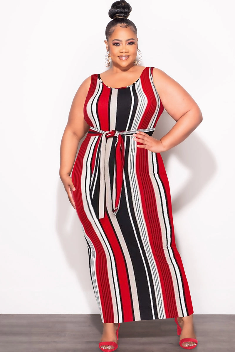 Final Sale Plus Size Sleeveless Maxi Dress with Waist Tie in Red Black and White Stripe Print Relaxed Comfort Look