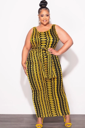 Final Sale Plus Size Sleeveless Maxi Dress with Waist Tie in Yellow and Black Design Print All Purpose