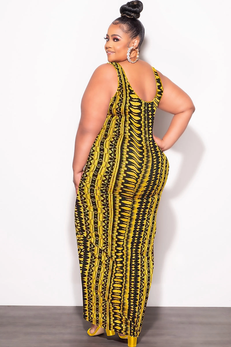 Final Sale Plus Size Sleeveless Maxi Dress with Waist Tie in Yellow and Black Design Print Boho chic