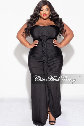 Butter Soft Handfeel Final Sale Plus Size Sleeveless Maxi Gown With Center Ruching with Ruffle in Black