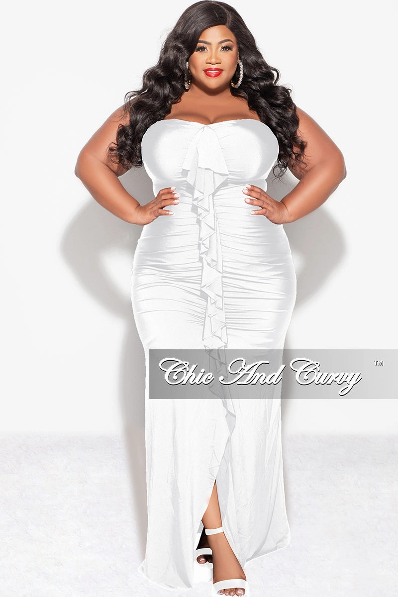 AdjustableNeckline Final Sale Plus Size Sleeveless Maxi Gown With Center Ruching with Ruffle in White