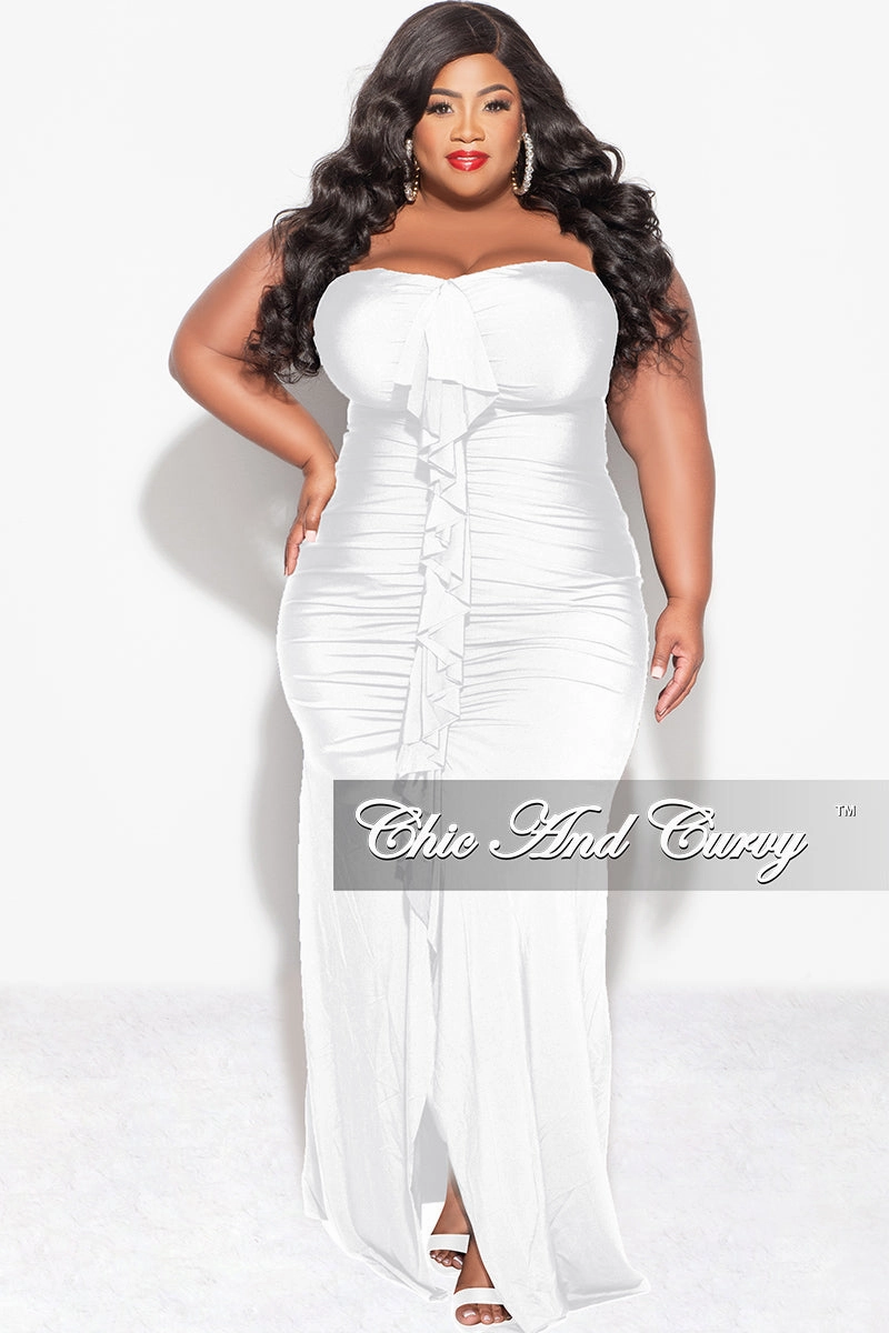BrushedInnerLining Final Sale Plus Size Sleeveless Maxi Gown With Center Ruching with Ruffle in White