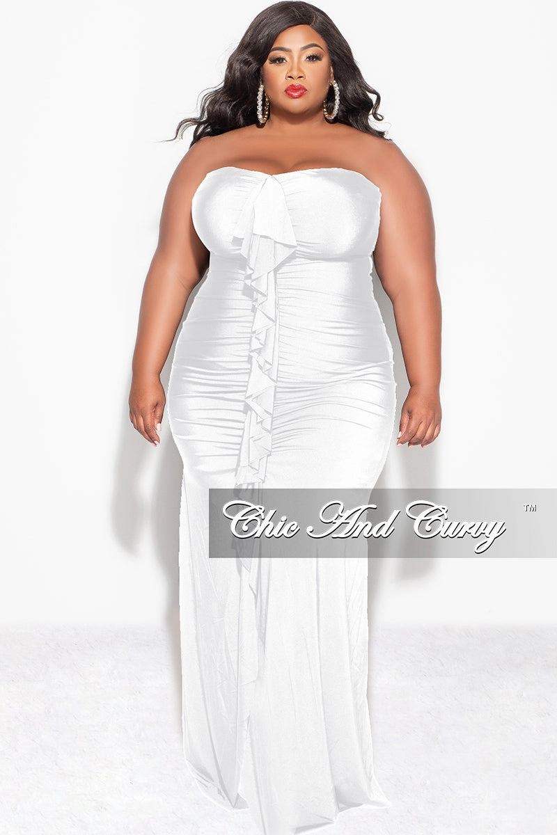 Final Sale Plus Size Sleeveless Maxi Gown With Center Ruching with Ruffle in White NonFade Dye Unstructured Fit
