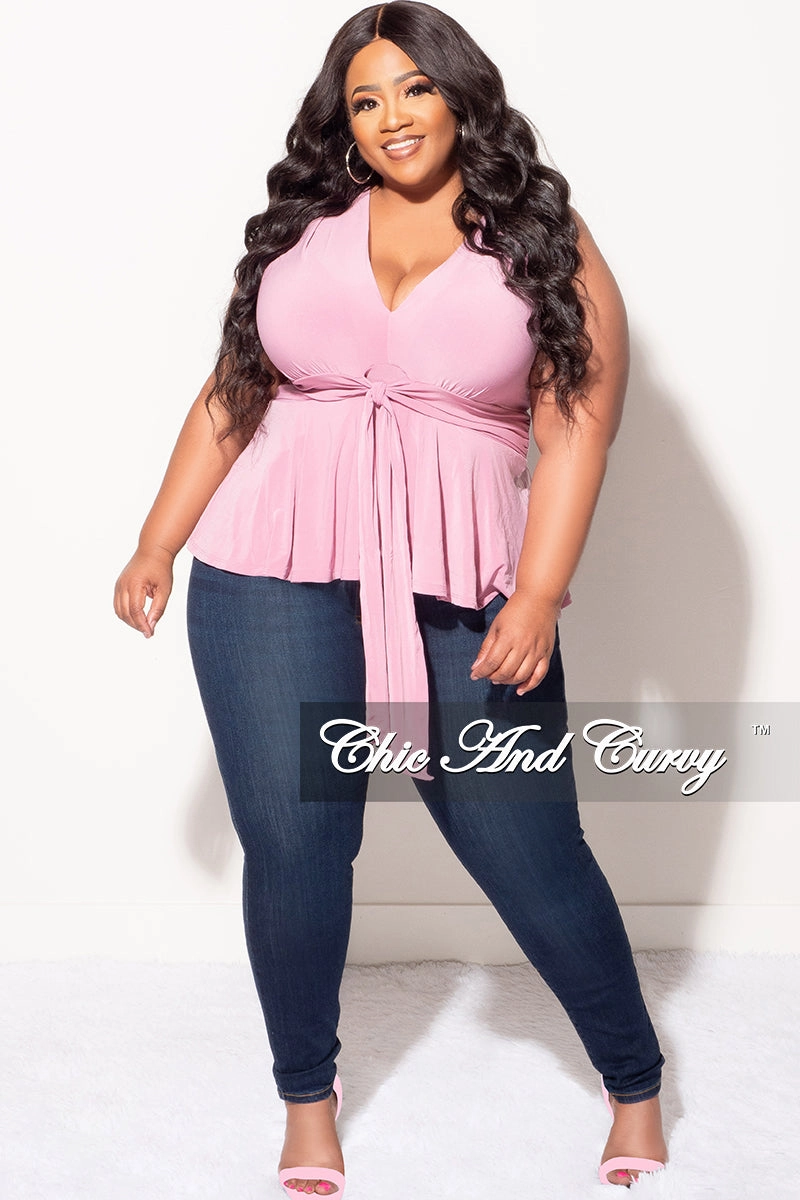 Double Stitched Practical Look Final Sale Plus Size Sleeveless Peplum Top in Mauve Pink