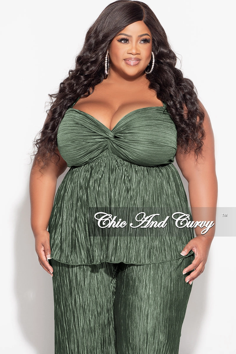 Training Comfort NonSlipGrip Final Sale Plus Size Sleeveless Pleated Peplum Top and Palazzo Pants Set in Olive