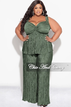 Easy Care Fabric Cool Comfort Final Sale Plus Size Sleeveless Pleated Peplum Top and Palazzo Pants Set in Olive