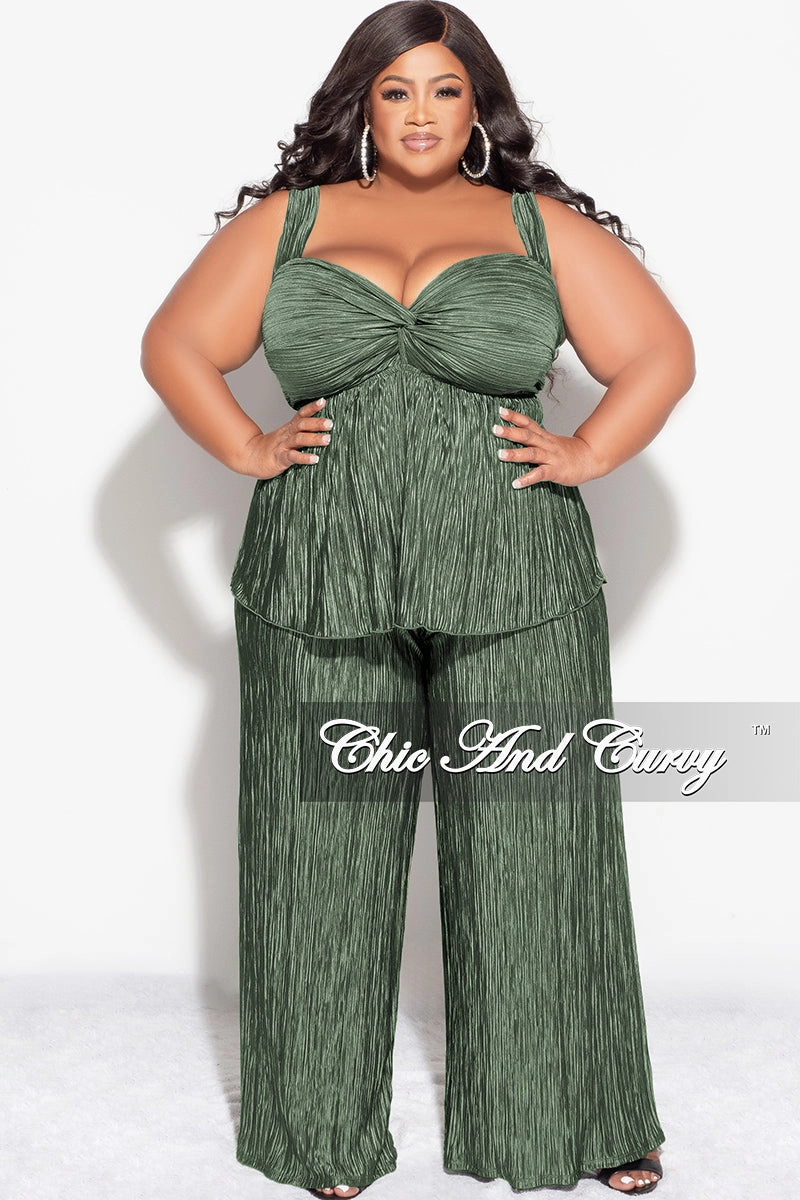 Double Stitched Seams Final Sale Plus Size Sleeveless Pleated Peplum Top and Palazzo Pants Set in Olive