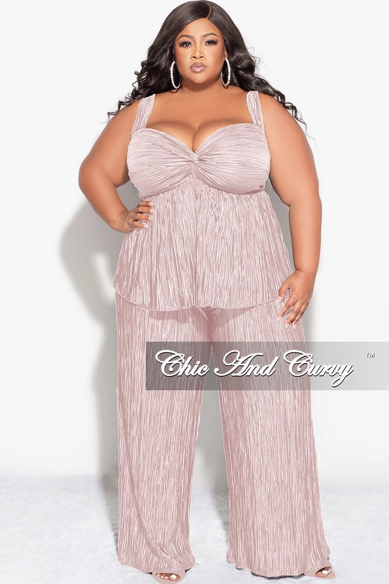 Final Sale Plus Size Sleeveless Pleated Peplum Top and Palazzo Pants Set in Tan Flex Movement