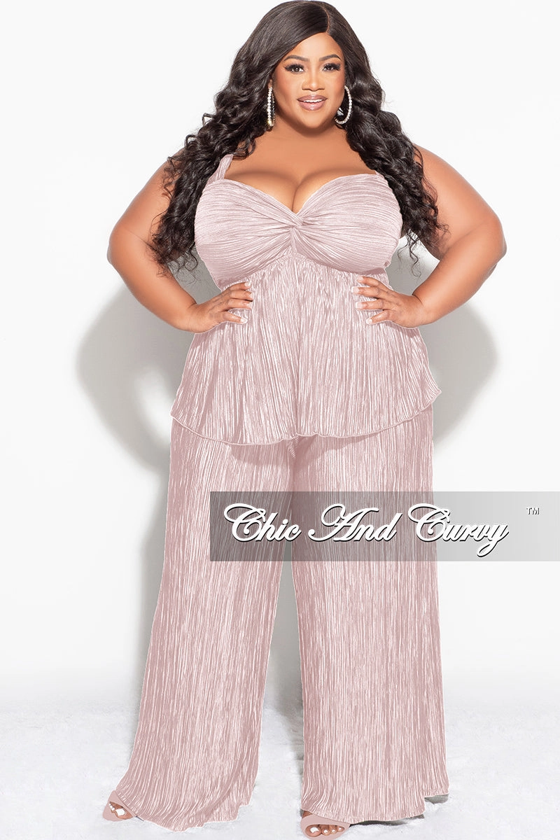 slim cut Light Stretch Final Sale Plus Size Sleeveless Pleated Peplum Top and Palazzo Pants Set in Tan
