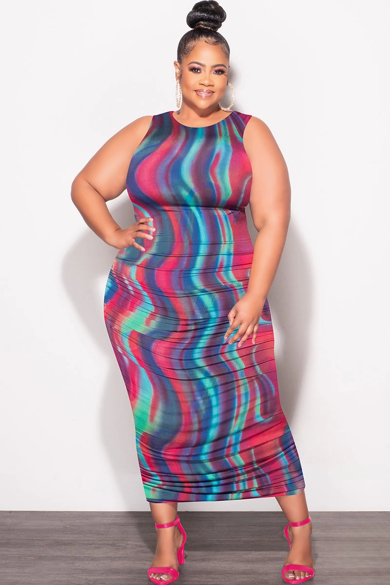 Final Sale Plus Size Sleeveless Ruched Dress In Multi Color Print Core Stretch