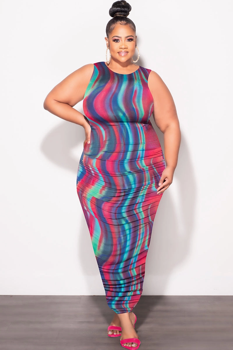 Final Sale Plus Size Sleeveless Ruched Dress In Multi Color Print Compact Pack Stretchable Wear