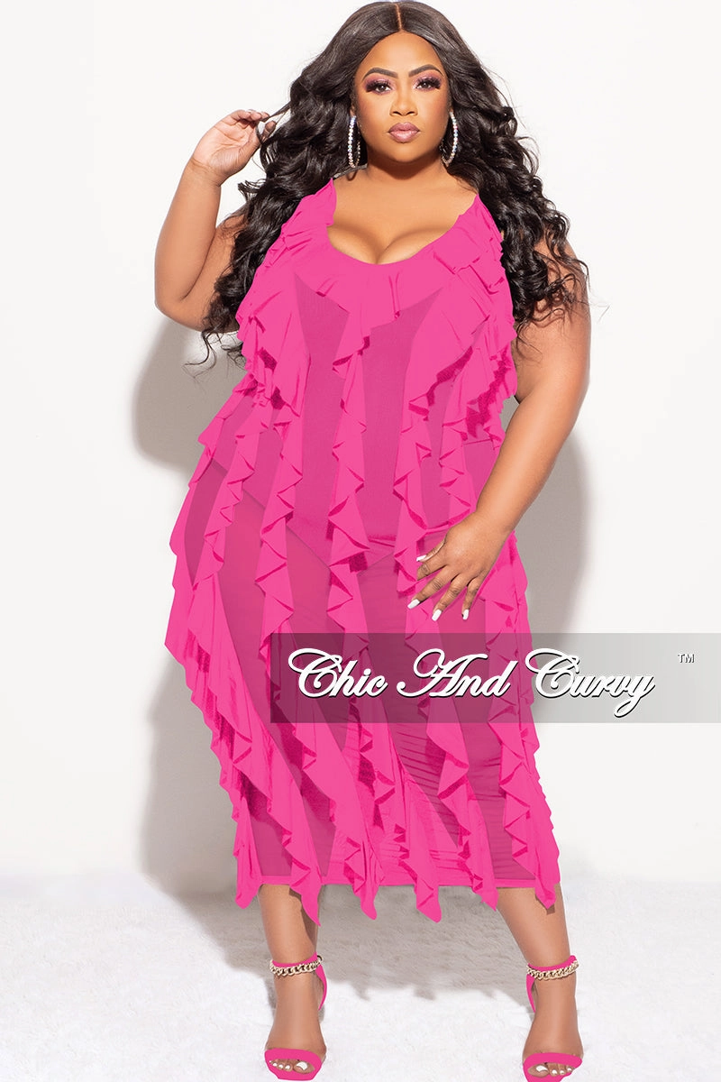 Adventure Ready Casual Stretch Wear Final Sale Plus Size Sleeveless Sheer Ruffle Midi Dress in Pink