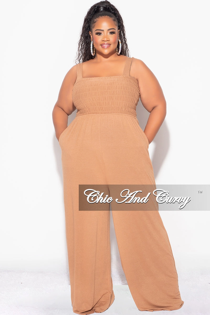 Final Sale Plus Size Sleeveless Shirred Jumpsuit in Deep Camel MoistureWickingFabric Stretchable