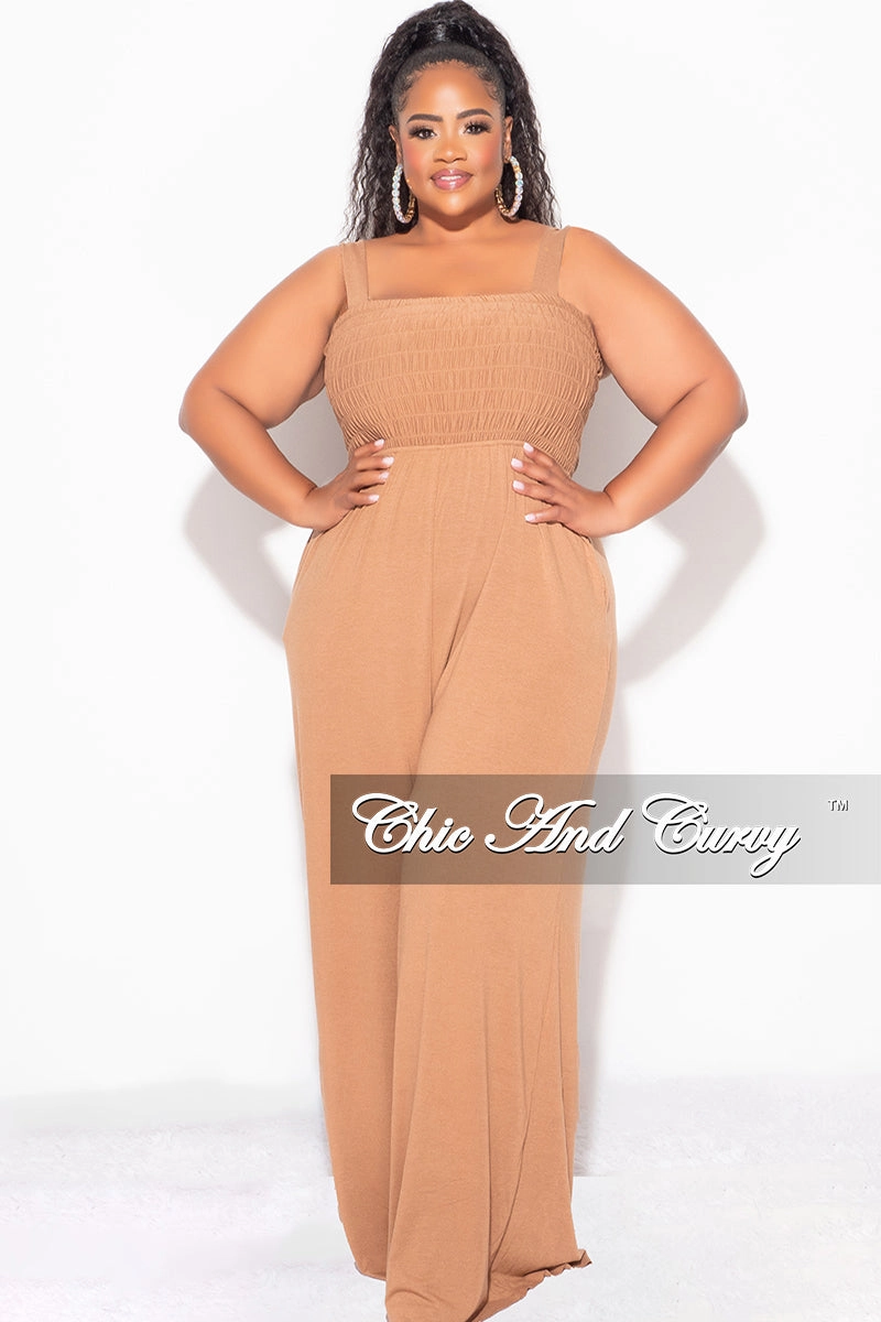 Final Sale Plus Size Sleeveless Shirred Jumpsuit in Deep Camel Slim Stretch Softened Hem
