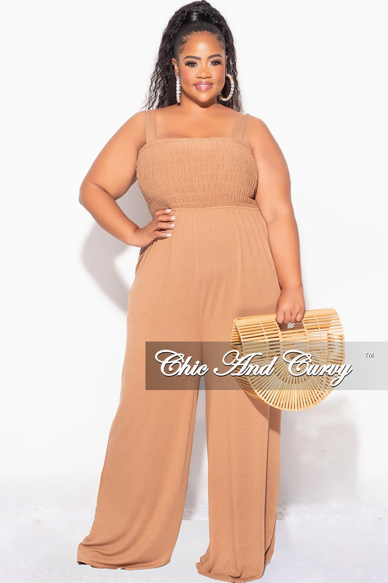 Final Sale Plus Size Sleeveless Shirred Jumpsuit in Deep Camel Practical Style Twill Weave Texture