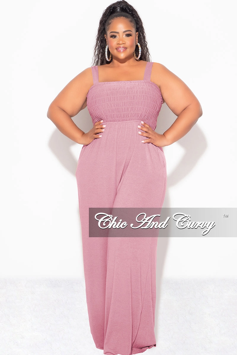 Thermal Lining Final Sale Plus Size Sleeveless Shirred Jumpsuit in Dusty Rose