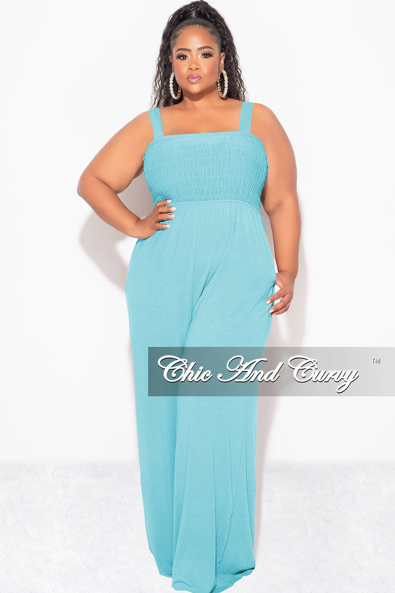 Final Sale Plus Size Sleeveless Shirred Jumpsuit in Mint Recycled Polyester Blend