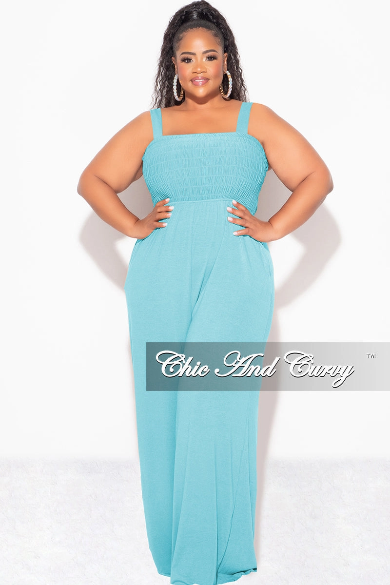 Smooth Finish Ventilated Panels Final Sale Plus Size Sleeveless Shirred Jumpsuit in Mint
