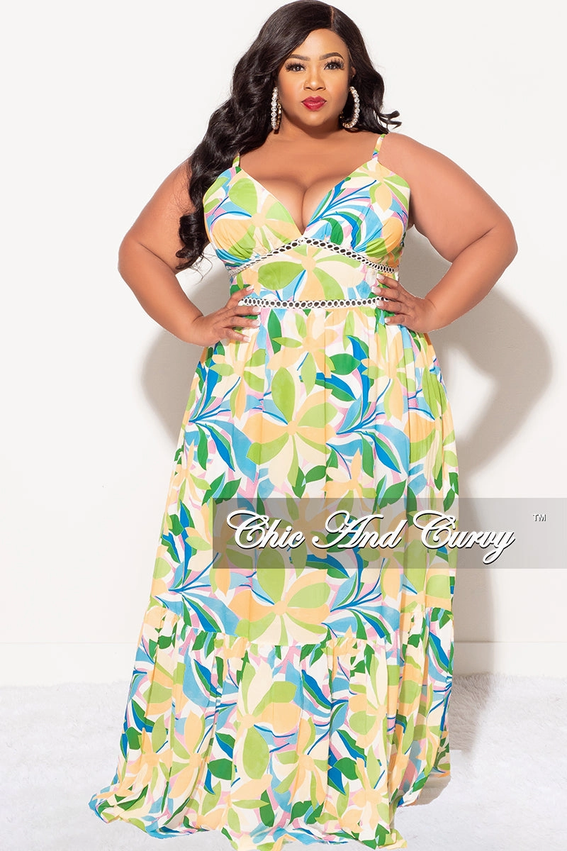 Reinforced Seams Tagless Design Final Sale Plus Size Sleeveless Tiered Maxi Dress In Yellow and Green Floral Multi Color Print