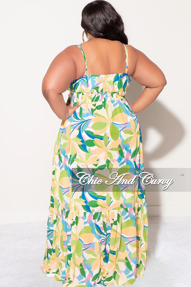 Final Sale Plus Size Sleeveless Tiered Maxi Dress In Yellow and Green Floral Multi Color Print ReinforcedStitching