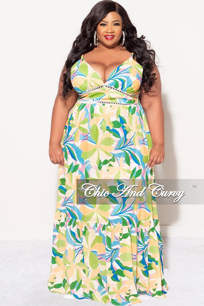 Cozy Essentials Fashion Fit Final Sale Plus Size Sleeveless Tiered Maxi Dress In Yellow and Green Floral Multi Color Print