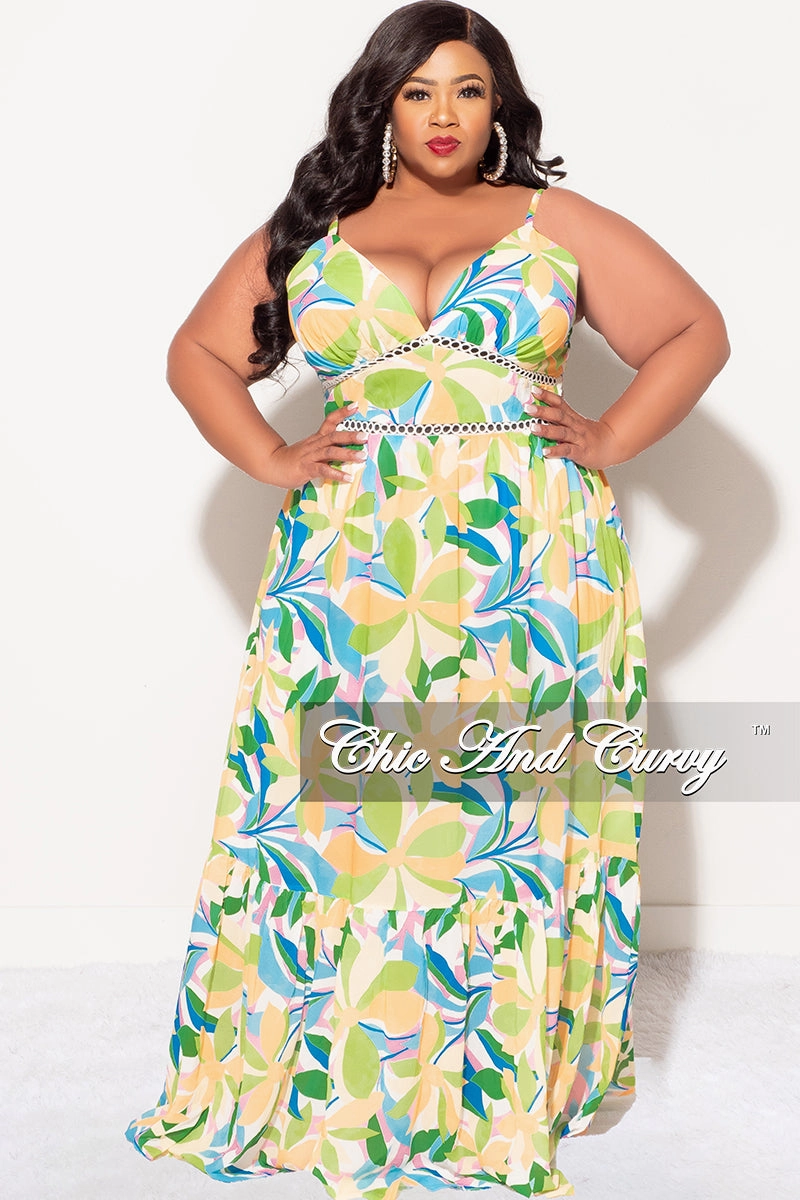 Final Sale Plus Size Sleeveless Tiered Maxi Dress In Yellow and Green Floral Multi Color Print Adaptable Design Fit Freedom
