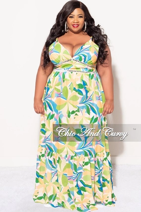 Cozy Essentials Fashion Fit Final Sale Plus Size Sleeveless Tiered Maxi Dress In Yellow and Green Floral Multi Color Print