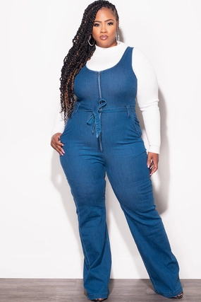 Body-Hugging Fit Final Sale Plus Size Sleeveless Zip-Up Jumpsuit with Attached Tie in Dark Denim