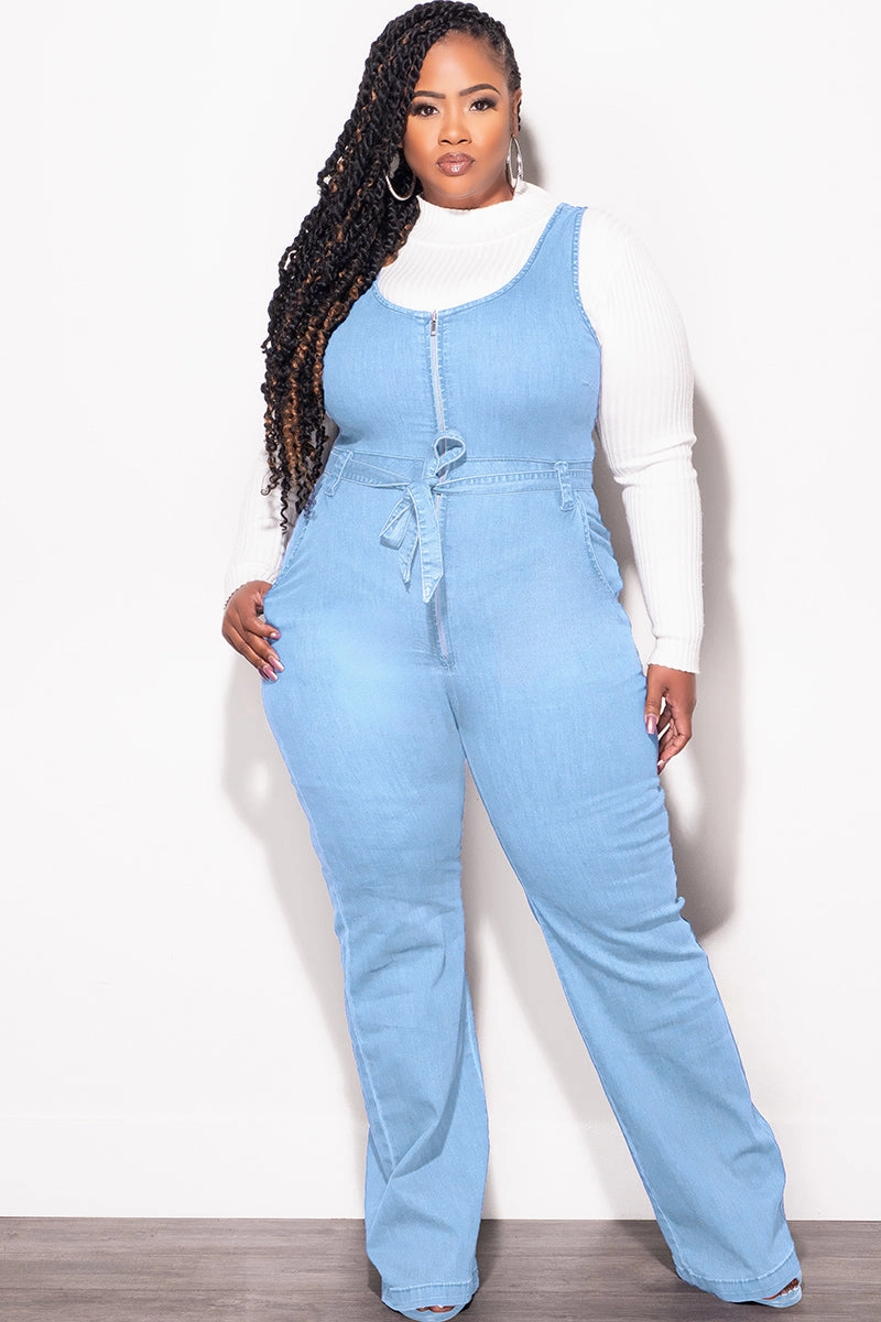 Lightweight Design Final Sale Plus Size Sleeveless Zip-Up Jumpsuit with Attached Tie in Light Denim