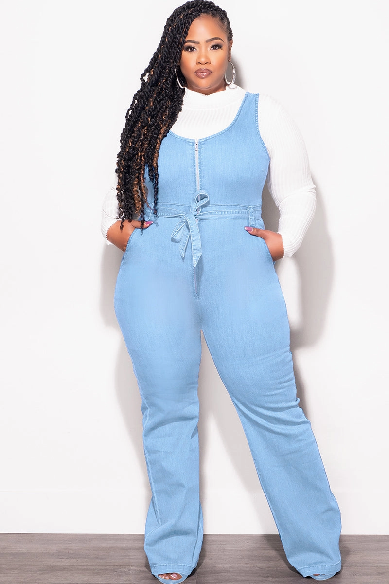 Final Sale Plus Size Sleeveless Zip-Up Jumpsuit with Attached Tie in Light Denim Form Fitting