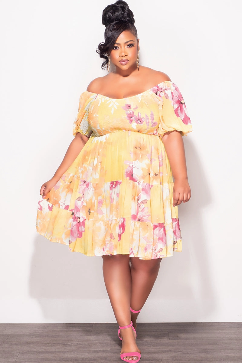 Final Sale Plus Size Smocked Chiffon Baby Doll Dress in Yellow Orange & Pink Floral Print Noise Reduciting Fabric