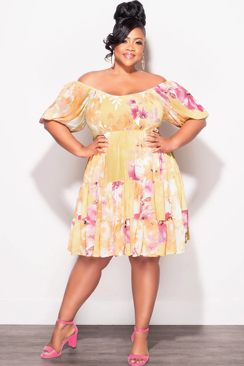 Final Sale Plus Size Smocked Chiffon Baby Doll Dress in Yellow Orange & Pink Floral Print Active Performance Ripstop Texture