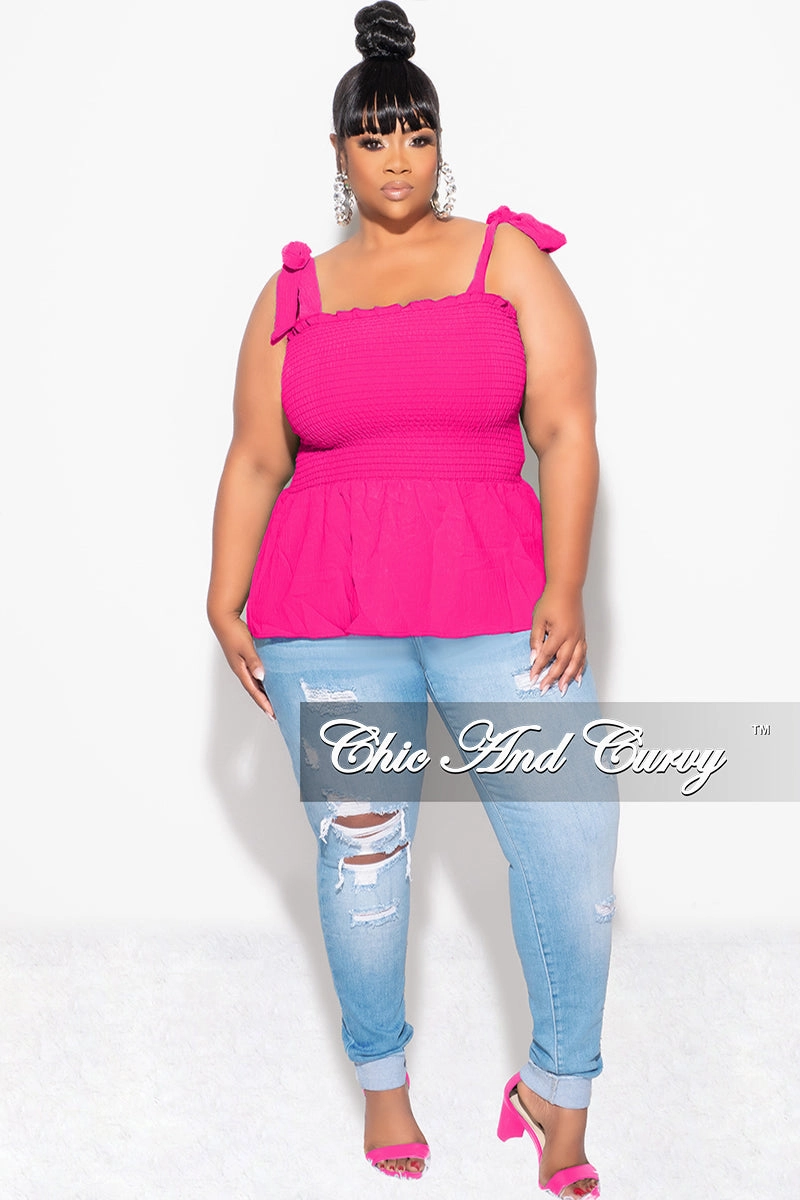 Pocket Reinforcement Final Sale Plus Size Smocked Peplum Tank Top in Fuchsia