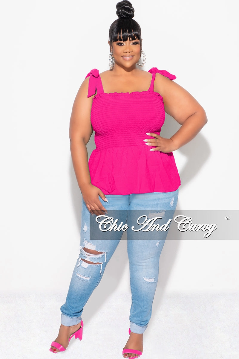 All Around Fit Final Sale Plus Size Smocked Peplum Tank Top in Fuchsia
