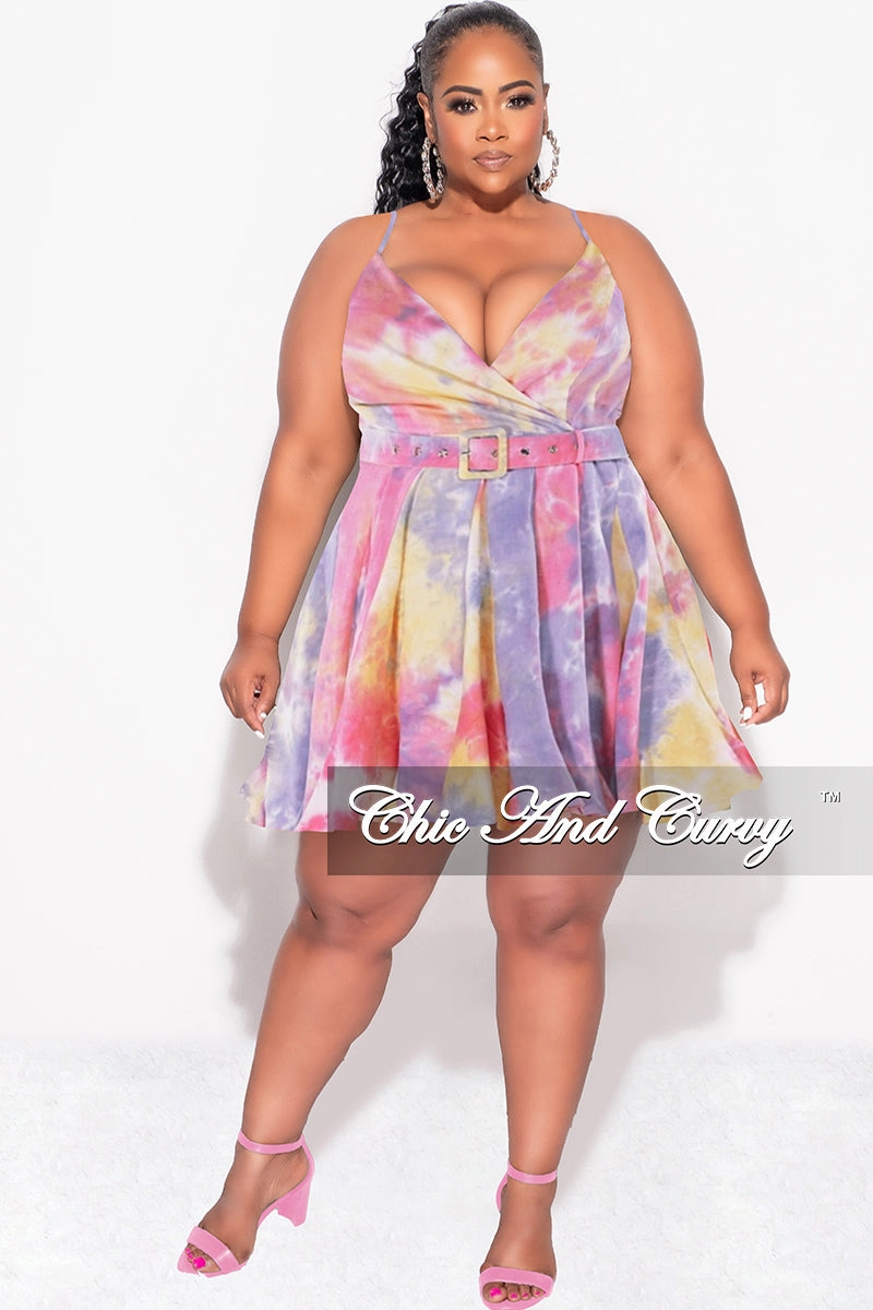 quick dry Utility Style Final Sale Plus Size Spaghetti Strap Babydoll Dress in Pink, Yellow, & Purple Tie Dye