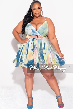 Final Sale Plus Size Spaghetti Strap Babydoll Dress in Teal/Yellow Tie Dye Cozy Movement