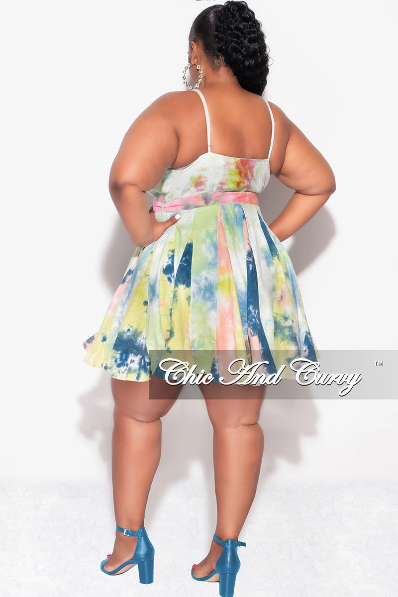 Final Sale Plus Size Spaghetti Strap Babydoll Dress in Teal/Yellow Tie Dye Wrinkle Resistant