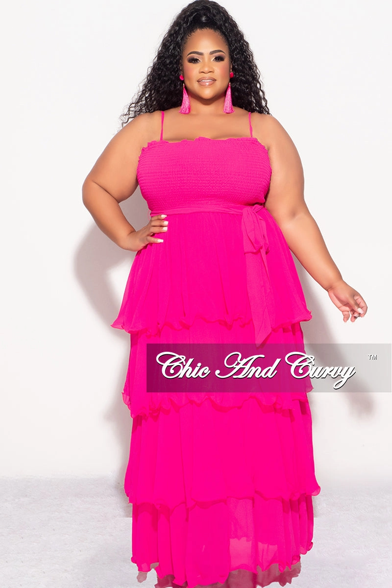 Comfy Movement Fit Final Sale Plus Size Spaghetti Strap Chiffon Frill Ruffle Dress in Fuchsia
