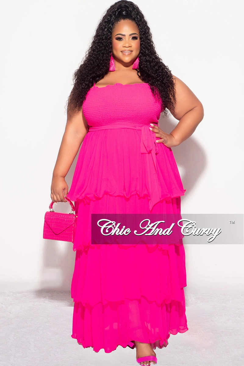 Final Sale Plus Size Spaghetti Strap Chiffon Frill Ruffle Dress in Fuchsia Laser cut EcoFriendlyMaterial