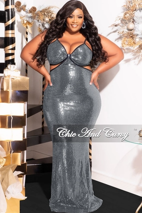 Final Sale Plus Size Spaghetti Strap Faux Sequin Gown with Cut Outs in Silver Regular Fit