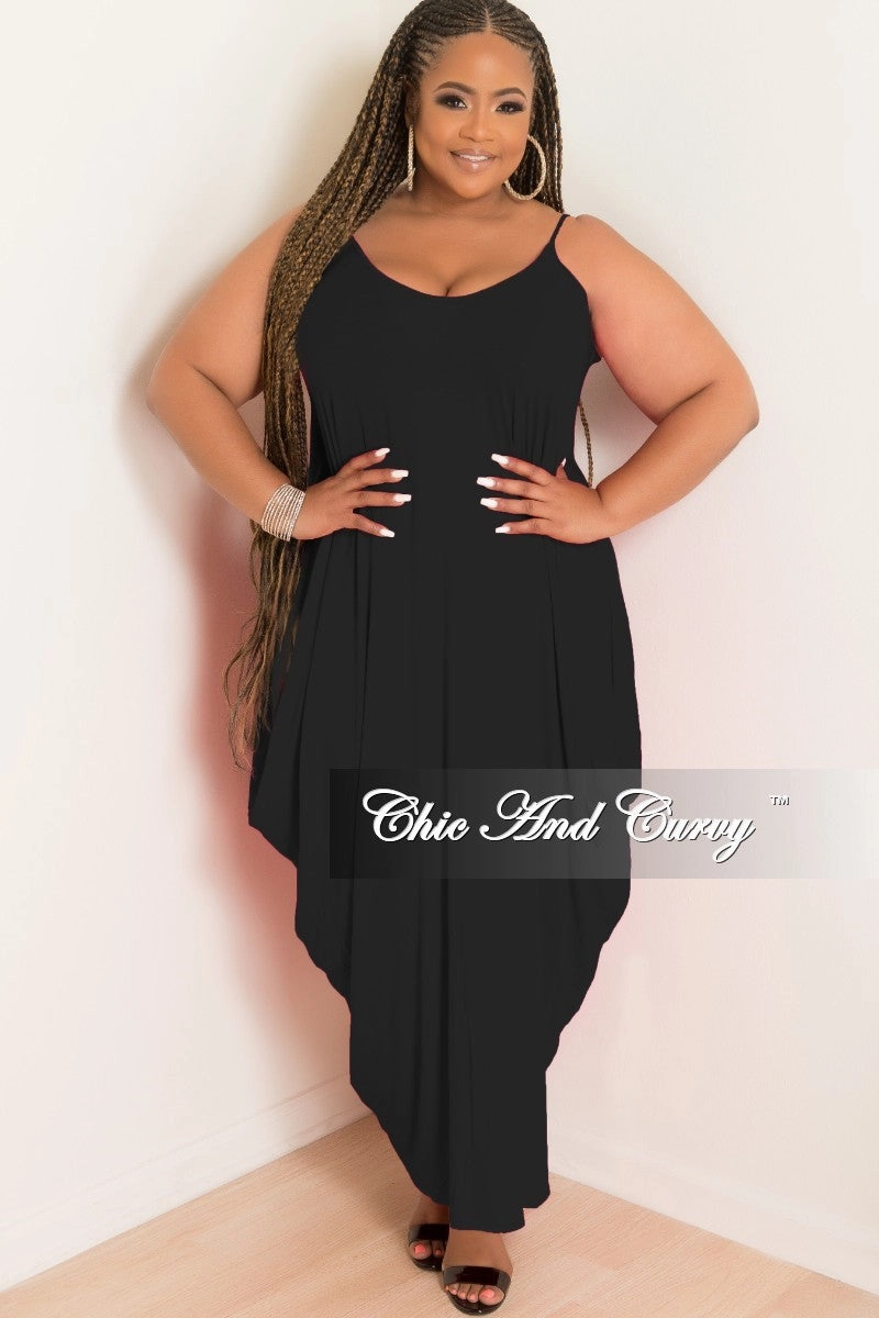 Final Sale Plus Size Spaghetti Strap Harem Dress in Black Secure Waistband