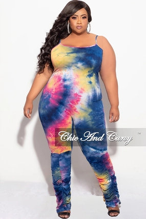 No Ride-Up Chic Design Final Sale Plus Size Spaghetti Strap Jumpsuit in Dark Neon Tie Dye