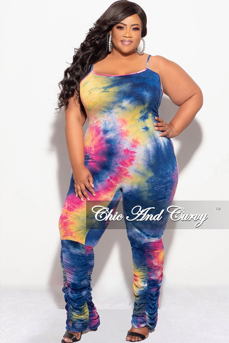 Final Sale Plus Size Spaghetti Strap Jumpsuit in Dark Neon Tie Dye Indoor Comfort Sleek Appearance