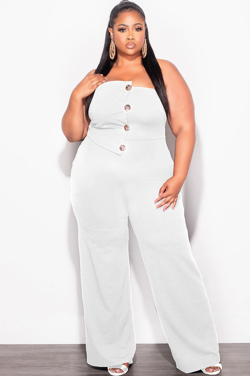 Final Sale Plus Size Spaghetti Strap Jumpsuit with Gold Button Detail in Ivory ReinforcedPockets Flattering Cut
