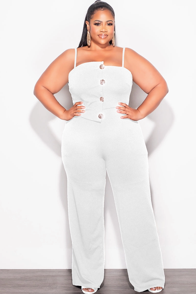 Easy Care Fabric Finish Final Sale Plus Size Spaghetti Strap Jumpsuit with Gold Button Detail in Ivory
