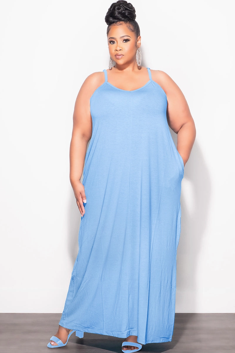 Thermal Insulation Layer Final Sale Plus Size Spaghetti Strap Maxi Dress in Spring Blue