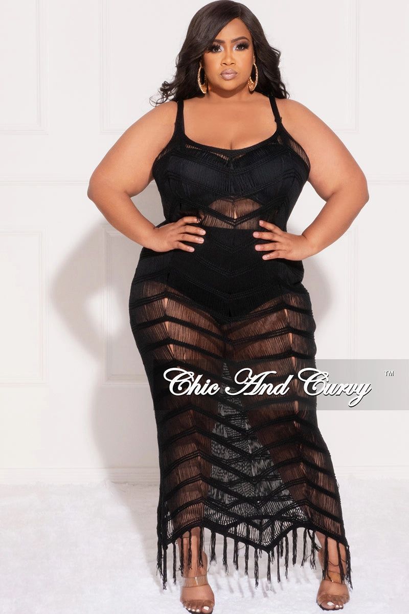 Final Sale Plus Size Spaghetti Strap Open Stitch Crochet Cover Up in Black Easy Access