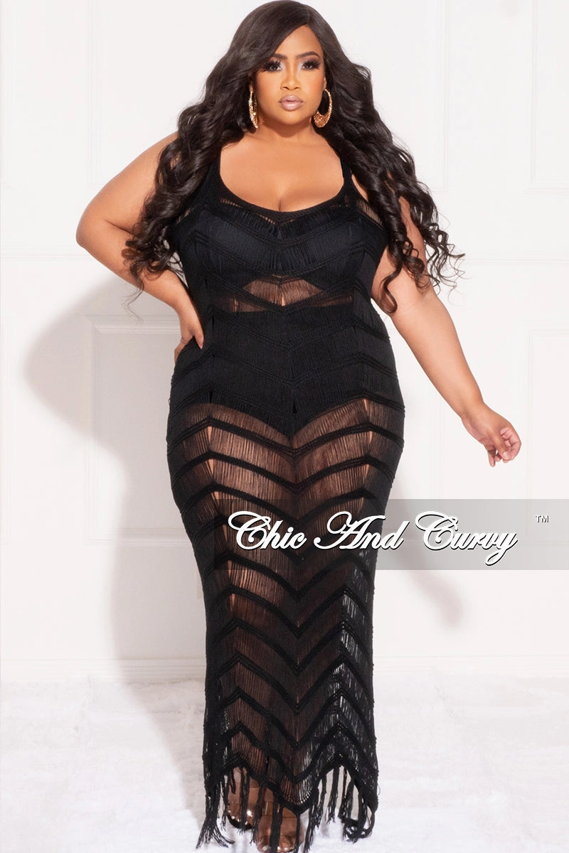 Flattering Look Slimline Fit Final Sale Plus Size Spaghetti Strap Open Stitch Crochet Cover Up in Black