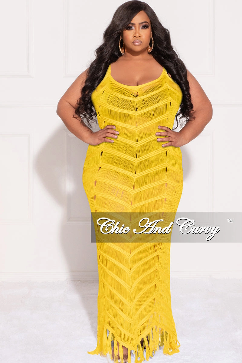 Quick Dry Fabric Back pockets Final Sale Plus Size Spaghetti Strap Open Stitch Crochet Cover Up in Yellow