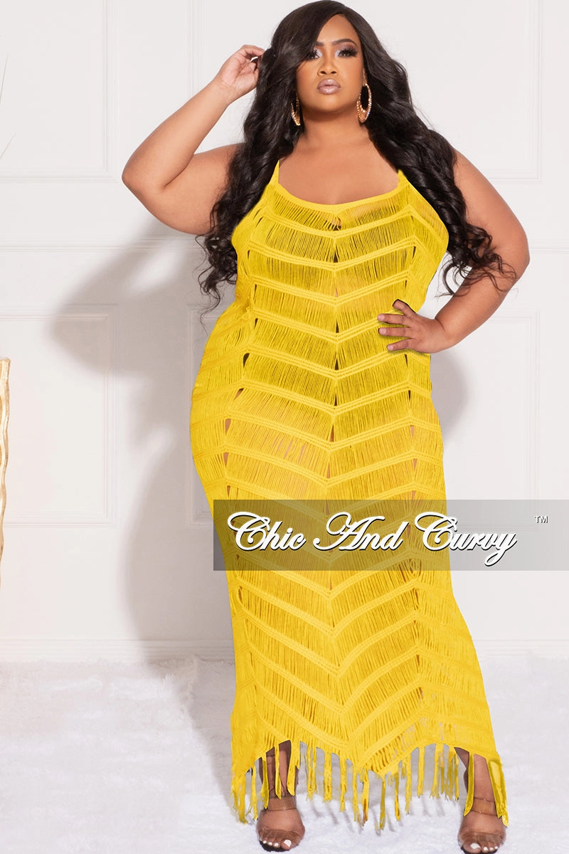 Final Sale Plus Size Spaghetti Strap Open Stitch Crochet Cover Up in Yellow Functional Design